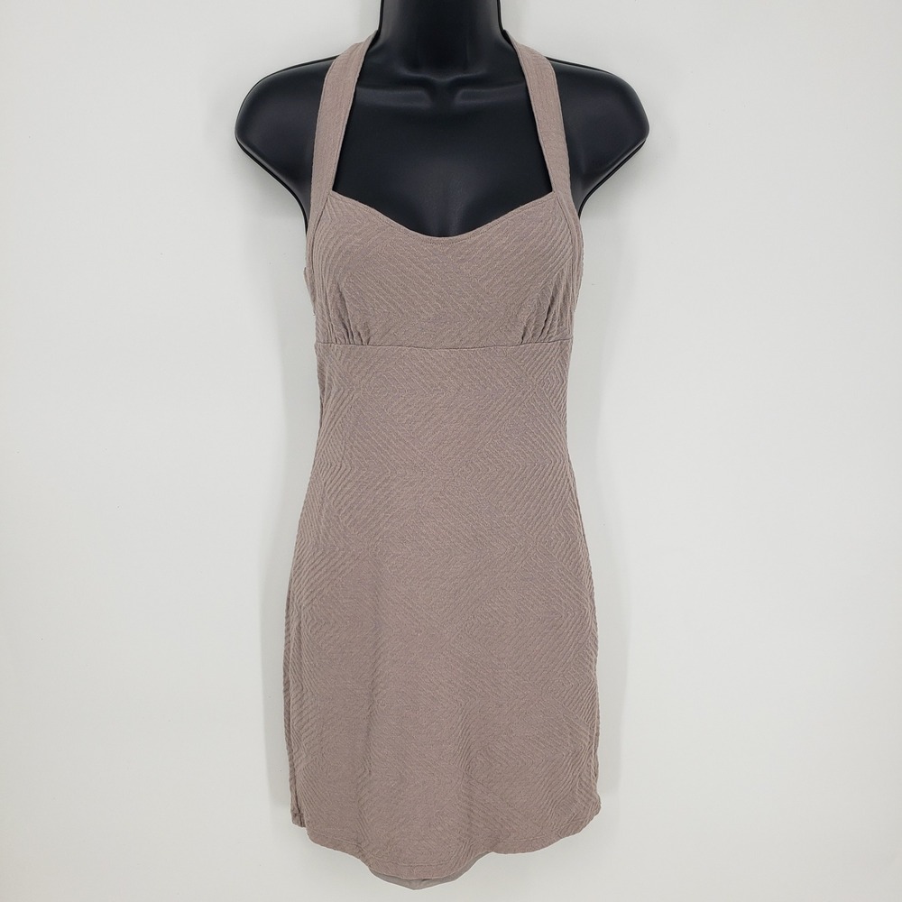 Free People Textured Halter Neck Criss Cross Back Mini‎ Dress Size Small Taupe